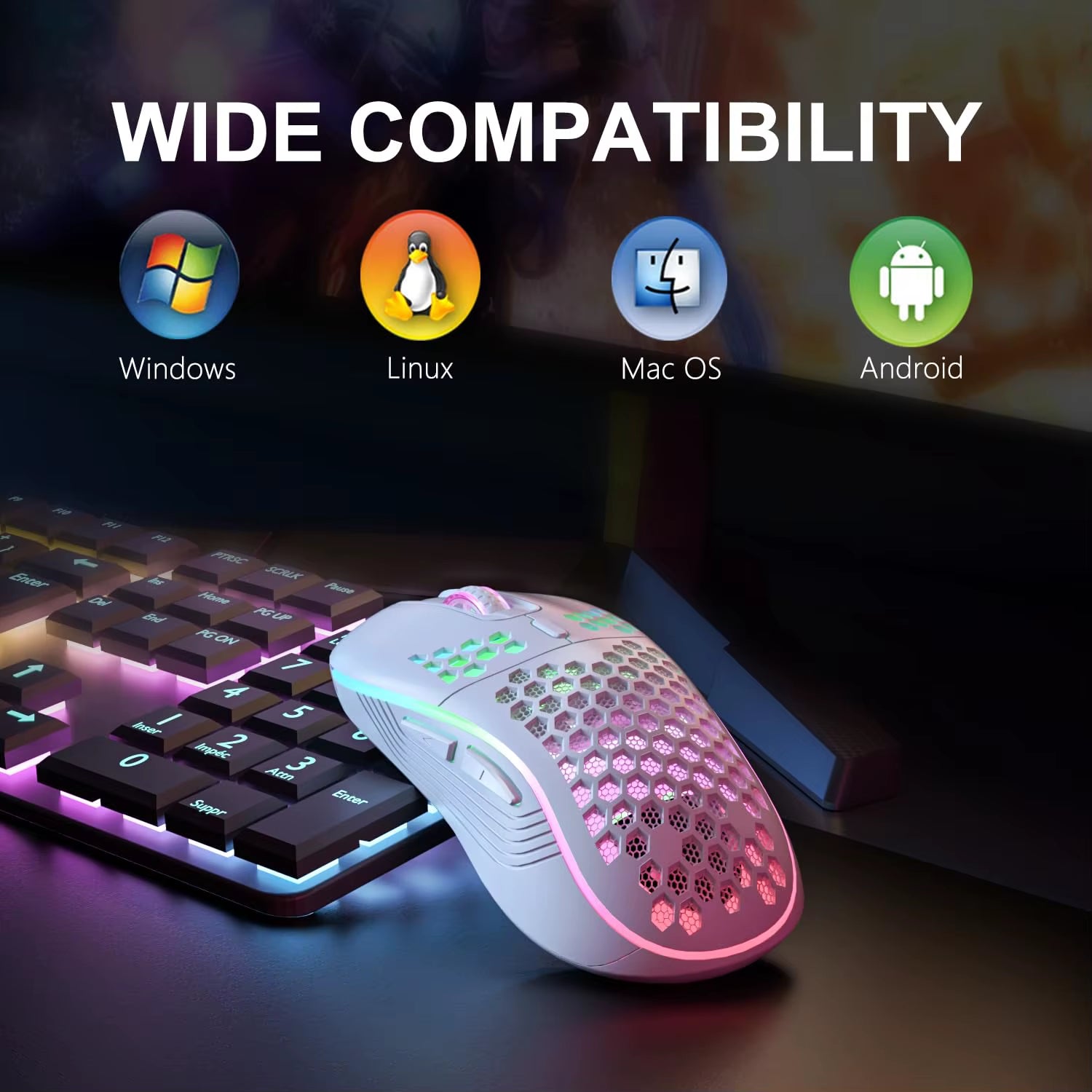 2.4G Wireless RGB Backlit Gaming Mouse with 6 Buttons, 3-Speed DPI, Type C Rechargeable, Ergonomic Honeycomb Design