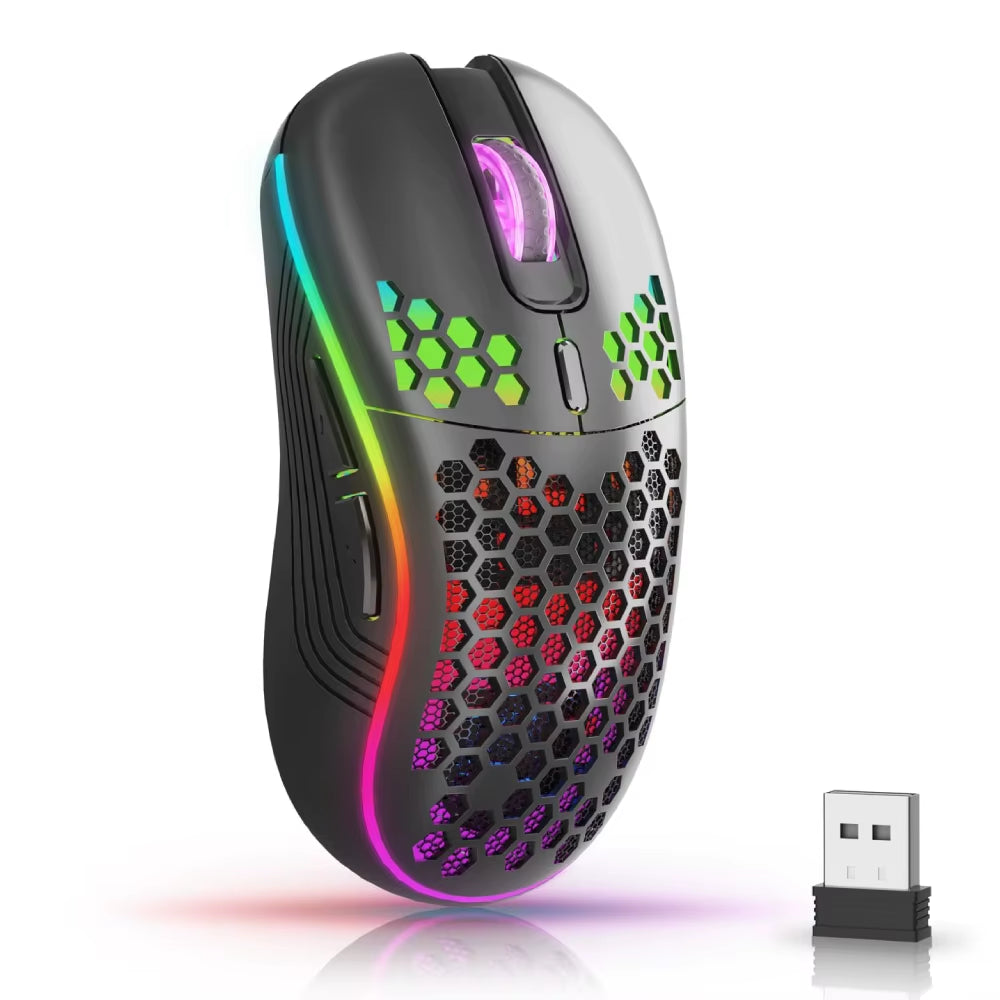 2.4G Wireless RGB Backlit Gaming Mouse with 6 Buttons, 3-Speed DPI, Type C Rechargeable, Ergonomic Honeycomb Design