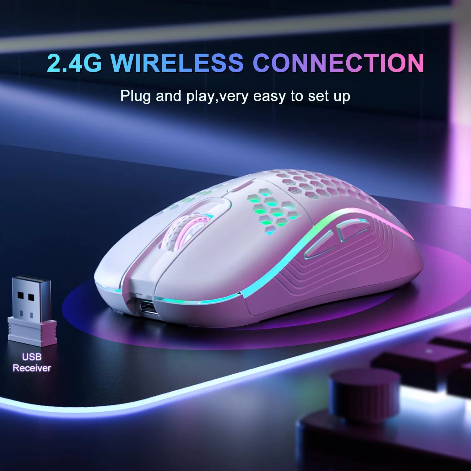 2.4G Wireless RGB Backlit Gaming Mouse with 6 Buttons, 3-Speed DPI, Type C Rechargeable, Ergonomic Honeycomb Design