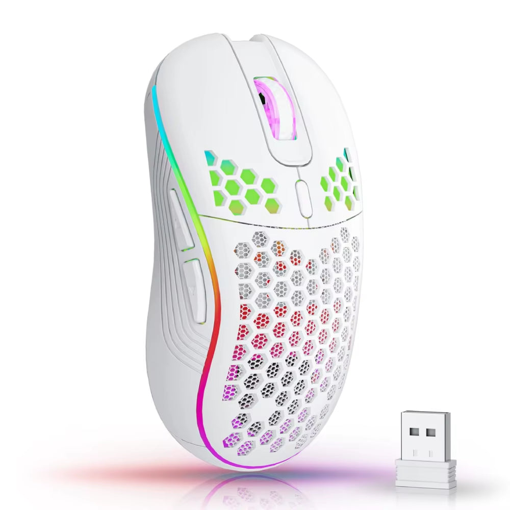 2.4G Wireless RGB Backlit Gaming Mouse with 6 Buttons, 3-Speed DPI, Type C Rechargeable, Ergonomic Honeycomb Design