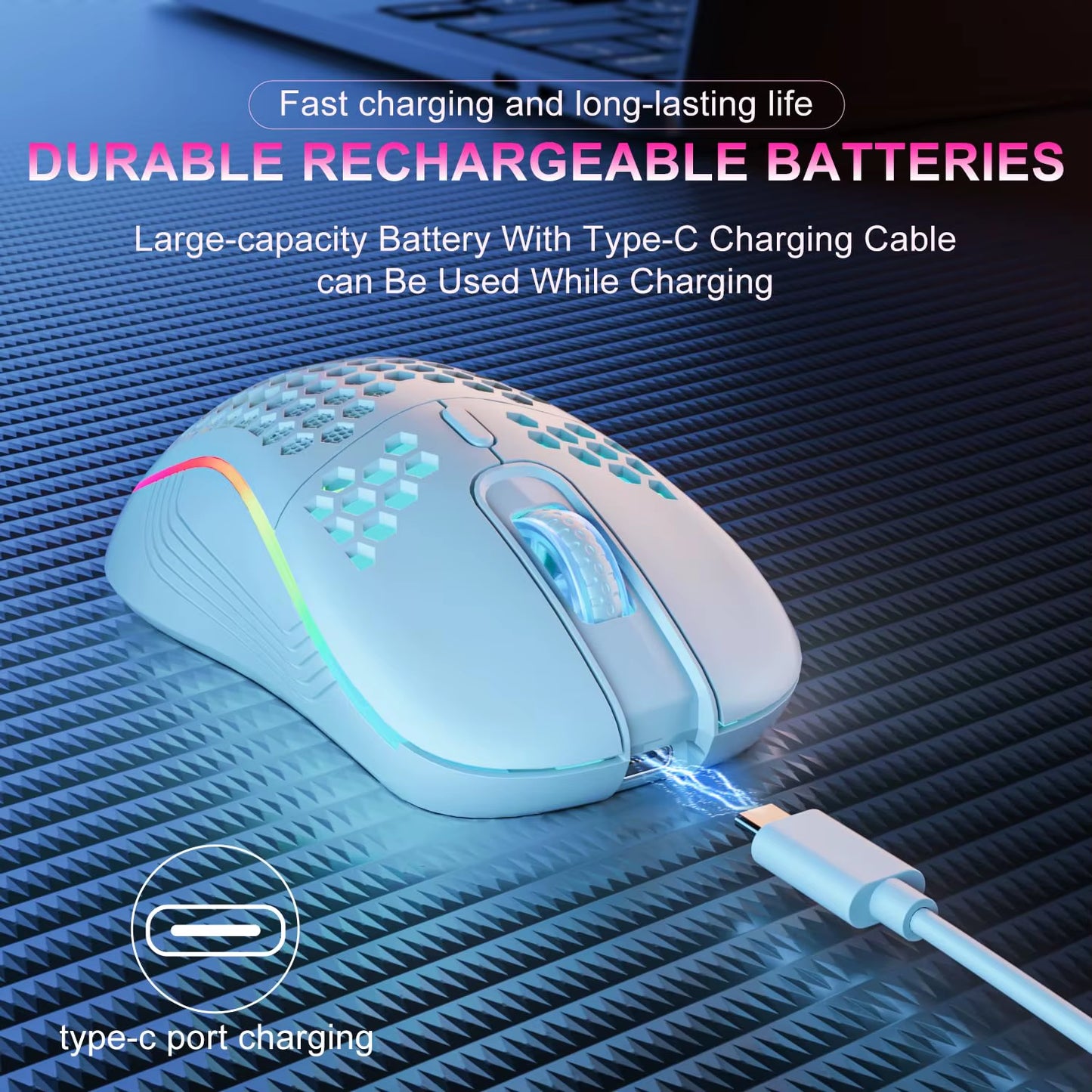 2.4G Wireless RGB Backlit Gaming Mouse with 6 Buttons, 3-Speed DPI, Type C Rechargeable, Ergonomic Honeycomb Design