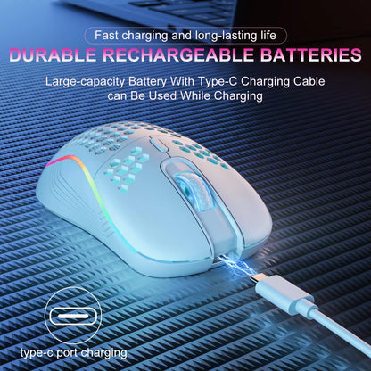 2.4G Wireless RGB Backlit Gaming Mouse with 6 Buttons, 3-Speed DPI, Type C Rechargeable, Ergonomic Honeycomb Design